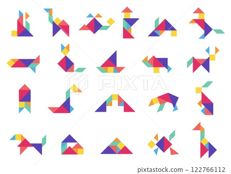 Tangram puzzle. Geometric dissection game with colorful triangle shapes, abstract logic mosaic geometry figures for kids. Vector tangram isolated set 122766112