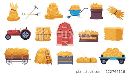 Hay harvest set. Farm dry grass straw pile, rural fodder bale wheelbarrow barn, flat countryside agriculture hay elements. Vector isolated haystack collection Hay harvest set. Farm dry grass straw pile, rural fodder bale wheelbarrow barn, flat countryside agriculture hay elements. Vector isolated haystack collection 122766116