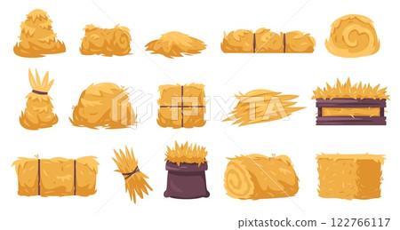 Hay stacks. Cartoon rural dry straw piles, countryside farm dried fodder bundles, agriculture organic haystack feed flat style. Vector isolated hay set Hay stacks. Cartoon rural dry straw piles, countryside farm dried fodder bundles, agriculture organic haystack feed flat style. Vector isolated hay set 122766117