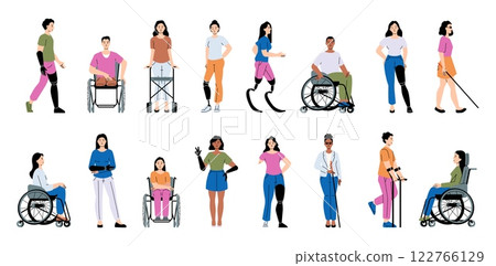 Diverse individuals with disabilities using wheelchairs, prosthetics, crutches and canes. Independence and adaptive lifestyles. Flat vector illustration 122766129