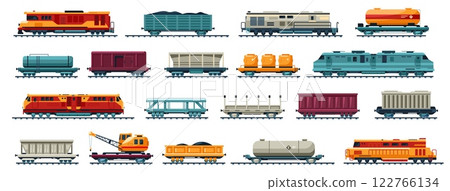 Cargo locomotive. Freight railway train and coal transportation wagon, railroad heavy transport vehicles, heavy goods transport, cargo logistic concept. Vector isolated set 122766134