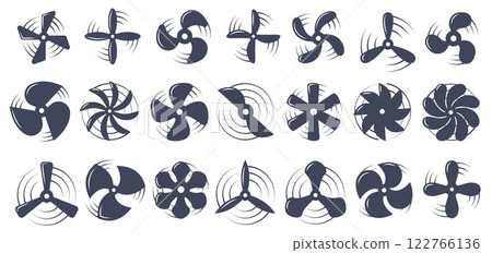 Propellers icons. Black wind turbine blades, airplane and boat engine rotor, electric ventilator and cooler, helicopter ship and aircraft equipment. Vector isolated set 122766136
