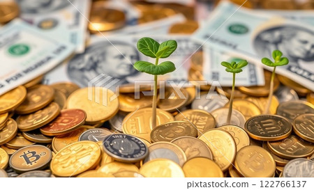 硬幣和紙幣之間生長的植物 122766137