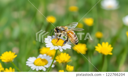 A honey bee perched on a flower, playing its role in pollination 122766204