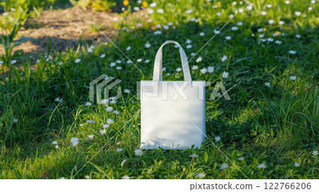A plain white canvas tote bag resting on lush green grass 122766206