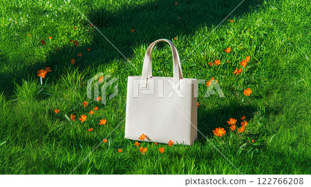 A minimalist reusable bag displayed in a serene natural setting 122766208