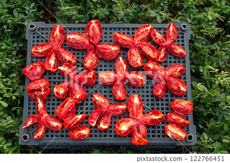The process of drying tomatoes outdoors for seasoning, for cooking for cooking various dishes The process of drying tomatoes outdoors for seasoning, for cooking for cooking various dishes 122766451