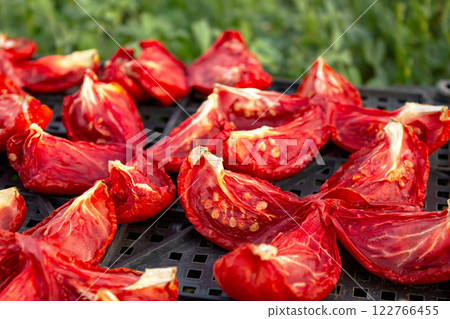 The process of drying tomatoes outdoors for seasoning, for cooking for cooking various dishes The process of drying tomatoes outdoors for seasoning, for cooking for cooking various dishes 122766455