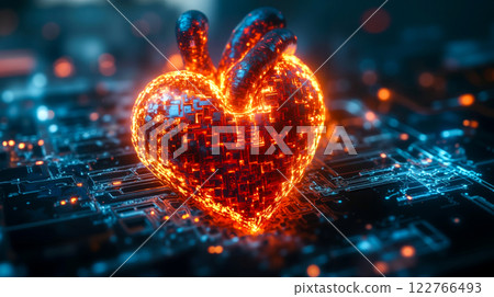 A heart shaped circuit board with a glowing orange heart on top of it A heart shaped circuit board with a glowing orange heart on top of it 122766493