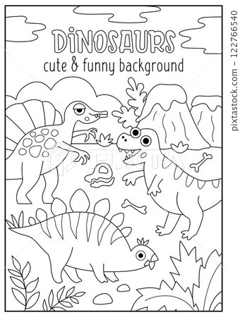 Vector black and white vertical scene with dinosaurs. Ancient period landscape illustration. Cute line prehistoric background, book cover for kids with T-rex, spinosaurus. Funny dino coloring page Vector black and white vertical scene with dinosaurs. Ancient period landscape illustration. Cute line prehistoric background, book cover for kids with T-rex, spinosaurus. Funny dino coloring page 122766540