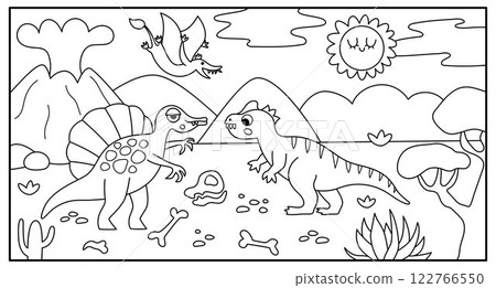Vector horizontal black and white scene with allosaurus and spinosaurus in the desert. Dinosaur line landscape illustration. Cute prehistoric coloring page with raptors, bones, volcano 122766550