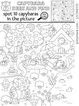 Vector black and white capybara searching game with summer landscape, garden, house, tangerine. Spot hidden animals. Line capibara seek and find printable activity, coloring page for kids 122766555