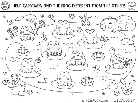 Find different frog in the pond. Capibara black and white matching activity for children. Educational line quiz worksheet for kid. Printable game, coloring page with cute capybara searching for toad Find different frog in the pond. Capibara black and white matching activity for children. Educational line quiz worksheet for kid. Printable game, coloring page with cute capybara searching for toad 122766557