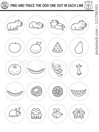 Find the odd one out. Capybara black and white logical activity for kids. Capibara educational line quiz worksheet. Printable game, coloring page with cute animals, flowers, fruits, insects, 122766563