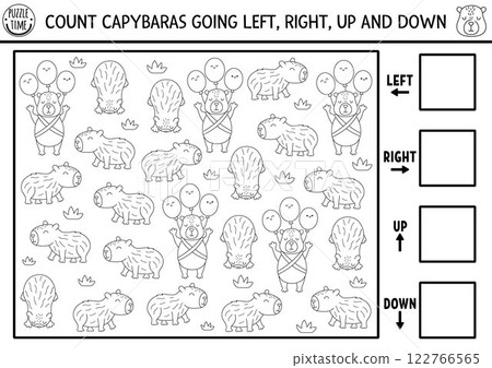Capybara logic black and white game with right, left, up, down concept for kids. I spy searching, counting line activity with capibara. Printable space orientation worksheet, coloring page Capybara logic black and white game with right, left, up, down concept for kids. I spy searching, counting line activity with capibara. Printable space orientation worksheet, coloring page 122766565