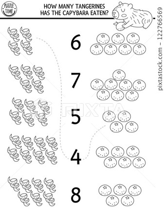Match the numbers capybara game with tangerines or oranges, its peel. Capibara black and white math activity, coloring page for preschool kids. Educational counting line worksheet with animal 122766569