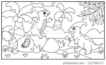 Vector horizontal black and white scene with parasaurolophus bringing flower to his girlfriend. Dinosaur line landscape illustration. Cute prehistoric coloring page with flowers, palm trees 122766573
