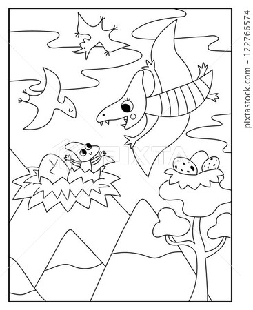Vector vertical black and white scene with pterodactyl flying to his baby in nest. Dinosaur line landscape illustration. Cute prehistoric coloring page with pterosaur, sky, mountains, trees, eggs Vector vertical black and white scene with pterodactyl flying to his baby in nest. Dinosaur line landscape illustration. Cute prehistoric coloring page with pterosaur, sky, mountains, trees, eggs 122766574