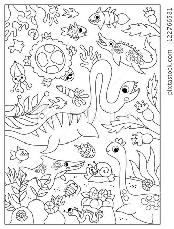 Vector black and white marine dinosaur landscape illustration. Cute line prehistoric aquatic scene with ancient water animals, seaweeds. Funny ocean coloring page with plesiosaurus 122766581