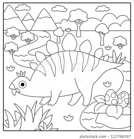 Vector square black and white scene with stegosaur eating leaves. Dinosaur line landscape illustration. Cute prehistoric coloring page with mountains, forest, tree, river, nest, eggs Vector square black and white scene with stegosaur eating leaves. Dinosaur line landscape illustration. Cute prehistoric coloring page with mountains, forest, tree, river, nest, eggs 122766587