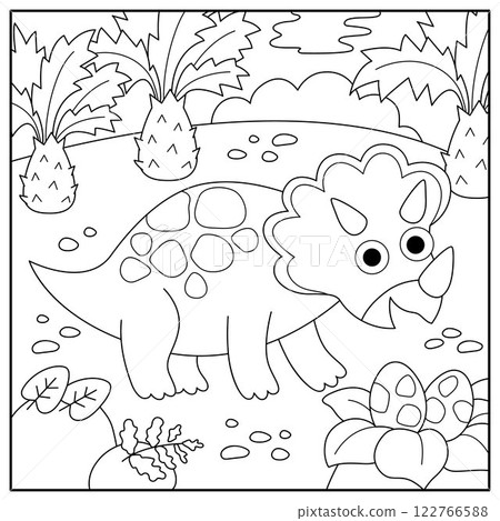 Vector square black and white scene with triceratops. Dinosaur line landscape illustration. Cute prehistoric coloring page with forest, palm tree, nest, egg. Funny dino scenery for kids 122766588