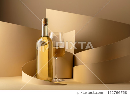 Bottle and glass of white wine on a beige background. 122766768