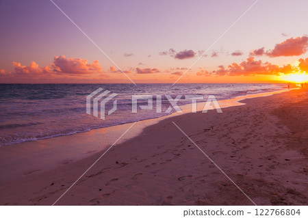 Colorful sunrise over Atlantic ocean coast. Dominican republic, Bavaro 122766804