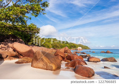 Anse Lazio beach on a sunny day. Coastal landscape of Praslin island Anse Lazio beach on a sunny day. Coastal landscape of Praslin island 122766885