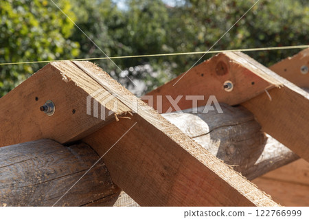 Rafters and ridge beam log. Background photo with selective focus 122766999