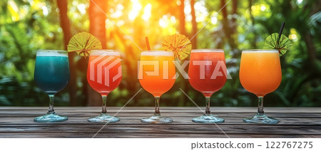 Cocktails are popular drinks at parties and bars, with different concoctions created to bring out their unique flavors and aromas. Some recipes are garnished with fruits, herbs to add visual appeal. 122767275