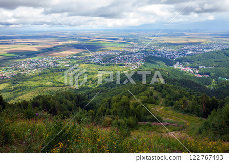 Mount Tserkovka view. Rural Russian landscape with Belokurikha 122767493