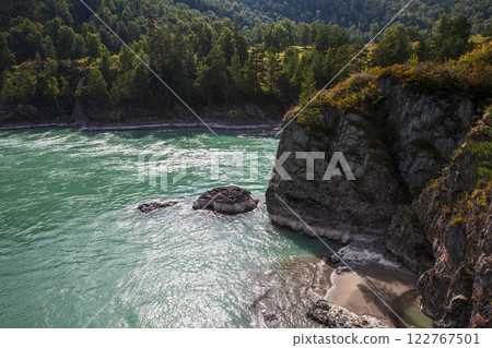 Rocky coasts of Katun river on a summer day. Siberian landscape Rocky coasts of Katun river on a summer day. Siberian landscape 122767501