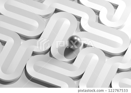 Metal ball rolls along curved paths of white labyrinth, computer graphic 3d 122767533