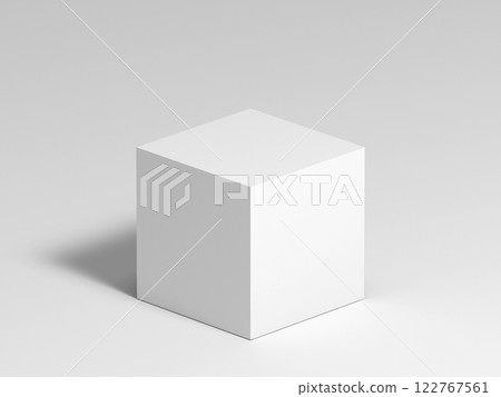 Abstract still life installation, white cube is in empty studio. 3d render 122767561
