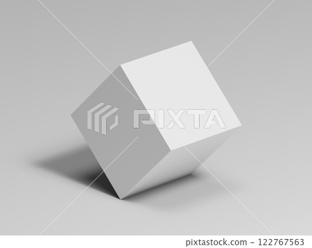 Abstract still life installation, white cube stands on the edge, 3 d 122767563