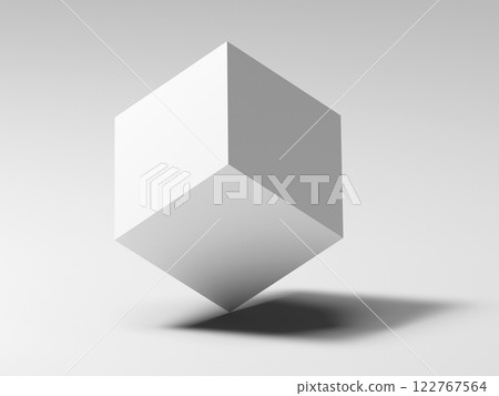 Abstract still life installation, white cube stands on the corner, 3d render 122767564