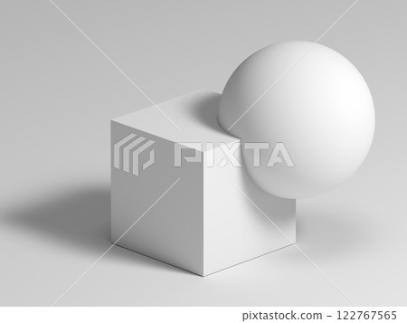 Abstract white geometric installation, a box is merged with sphere, 3 d 122767565