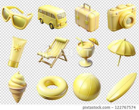 Collection of summer yellow 3d icons. Summer vacation. Tropical resort 122767574