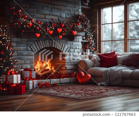 A cozy modern living room with Valentine's Day decor: a fireplace, heart-shaped wreath, and gifts on a luxurious sofa. Warm, romantic vibes perfect for campaigns or home decor ads highlighting love. A cozy modern living room with Valentine's Day decor: a fireplace, heart-shaped wreath, and gifts on a luxurious sofa. Warm, romantic vibes perfect for campaigns or home decor ads highlighting love. 122767663