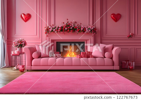 A cozy modern living room with Valentine's Day decor: a fireplace, heart-shaped wreath, and gifts on a luxurious sofa. Warm, romantic vibes perfect for campaigns or home decor ads highlighting love. 122767673