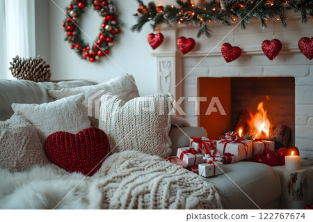 A cozy modern living room with Valentine's Day decor: a fireplace, heart-shaped wreath, and gifts on a luxurious sofa. Warm, romantic vibes perfect for campaigns or home decor ads highlighting love. A cozy modern living room with Valentine's Day decor: a fireplace, heart-shaped wreath, and gifts on a luxurious sofa. Warm, romantic vibes perfect for campaigns or home decor ads highlighting love. 122767674