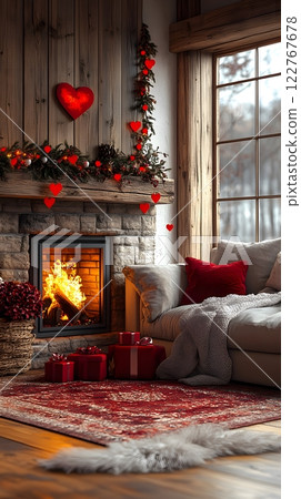 A cozy modern living room with Valentine's Day decor: a fireplace, heart-shaped wreath, and gifts on a luxurious sofa. Warm, romantic vibes perfect for campaigns or home decor ads highlighting love. 122767678