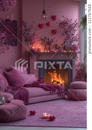 A cozy modern living room with Valentine's Day decor: a fireplace, heart-shaped wreath, and gifts on a luxurious sofa. Warm, romantic vibes perfect for campaigns or home decor ads highlighting love. 122767688