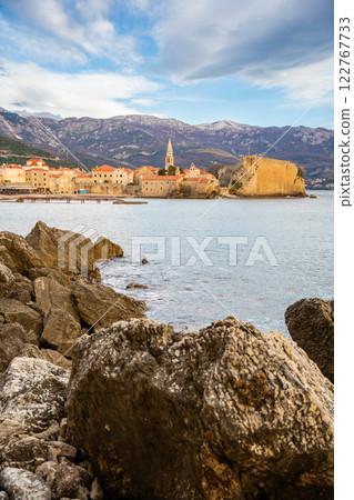 Budva, Montenegro, Balkans, Europe. Old town and mountains in background in winter time 122767733