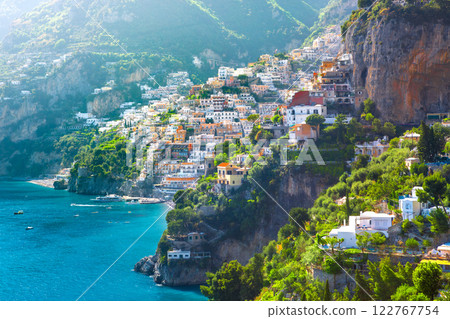 Morning view of Positano cityscape on coast line of mediterranean sea, Italy 122767754