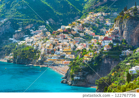 Morning view of Positano cityscape on coast line of mediterranean sea, Italy 122767756