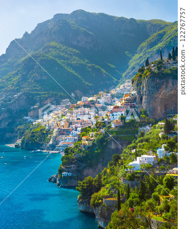Morning view of Positano cityscape on coast line of mediterranean sea, Italy Morning view of Positano cityscape on coast line of mediterranean sea, Italy 122767757