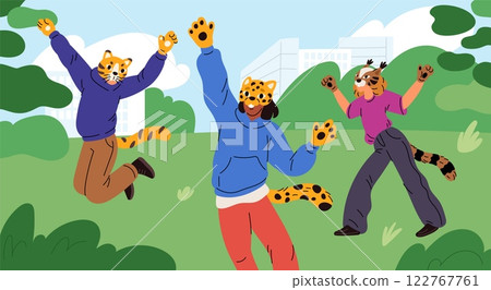 Animals cosplay. Teenagers in masks and pets tails playing on nature. Modern fandom subculture of quadrober. Fauna costumes. Wildlife imitation. Kids games in park. Garish vector concept Animals cosplay. Teenagers in masks and pets tails playing on nature. Modern fandom subculture of quadrober. Fauna costumes. Wildlife imitation. Kids games in park. Garish vector concept 122767761