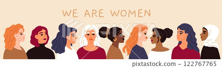 Beautiful female portraits. Multinational women faces. Horizontal poster. Modern international girls. Feminine community. Femininity diversity. Trendy people. Garish vector feminists card Beautiful female portraits. Multinational women faces. Horizontal poster. Modern international girls. Feminine community. Femininity diversity. Trendy people. Garish vector feminists card 122767765