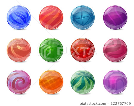 Glass game balls. Colorful marbles. Vintage kids toys. Refracting spheres with abstract pattern. Geometric shapes with stripes, waves and bubbles. 3D crystal orb. Vector round objects set Glass game balls. Colorful marbles. Vintage kids toys. Refracting spheres with abstract pattern. Geometric shapes with stripes, waves and bubbles. 3D crystal orb. Vector round objects set 122767769